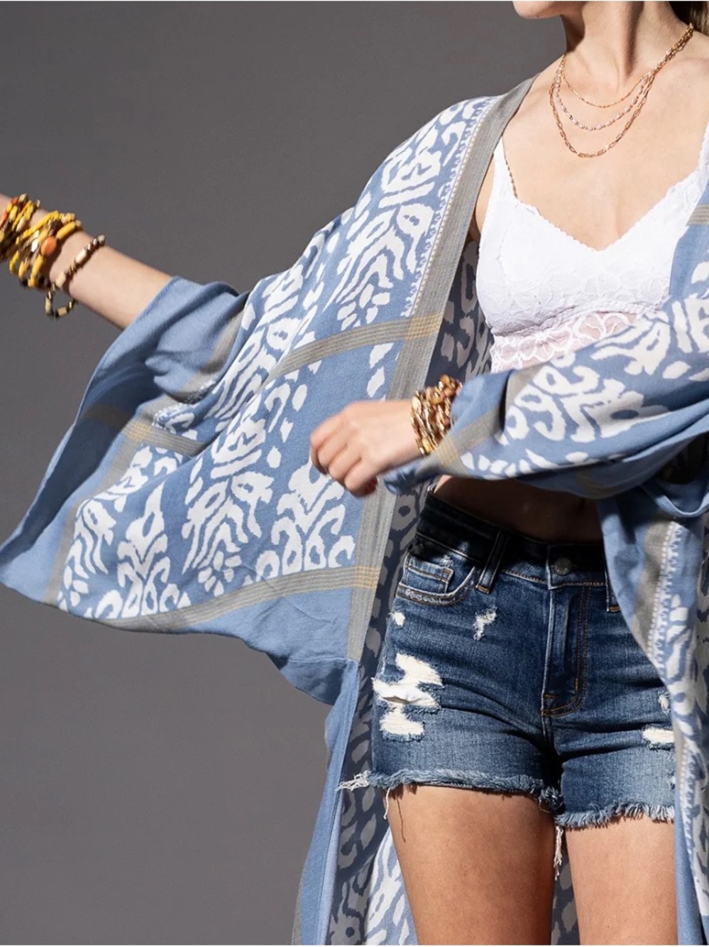 Blue Patterned Kimono Cape - Women